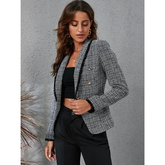 Raw Trim Double Breasted Blazer plaid tweed gray black - Picture 6 of 6